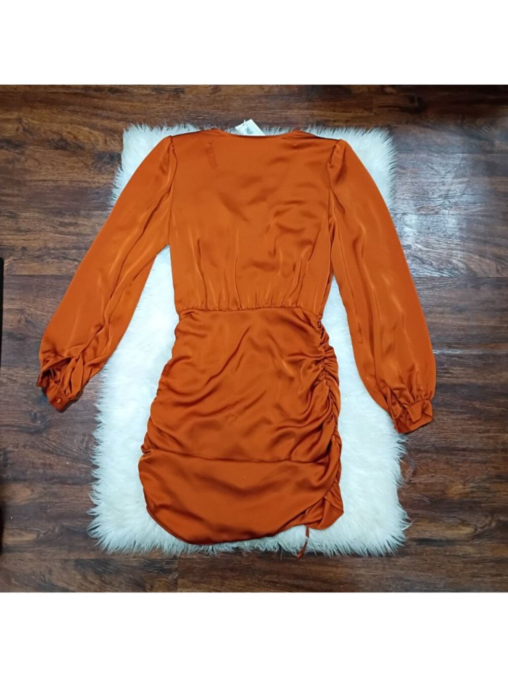 NWT Ramy Brook Foxy Mini Dress Women's 6 Cinnamon Satin Long Sleeve Side Ruched - Picture 6 of 16